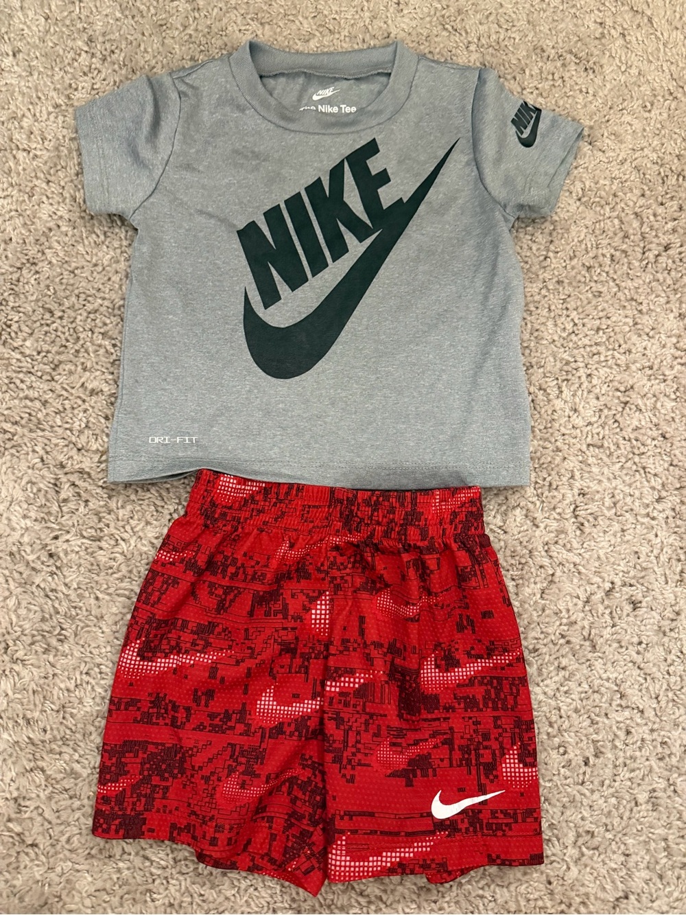 Nike Gray Tee with Black Logo and Red Patterned Shorts